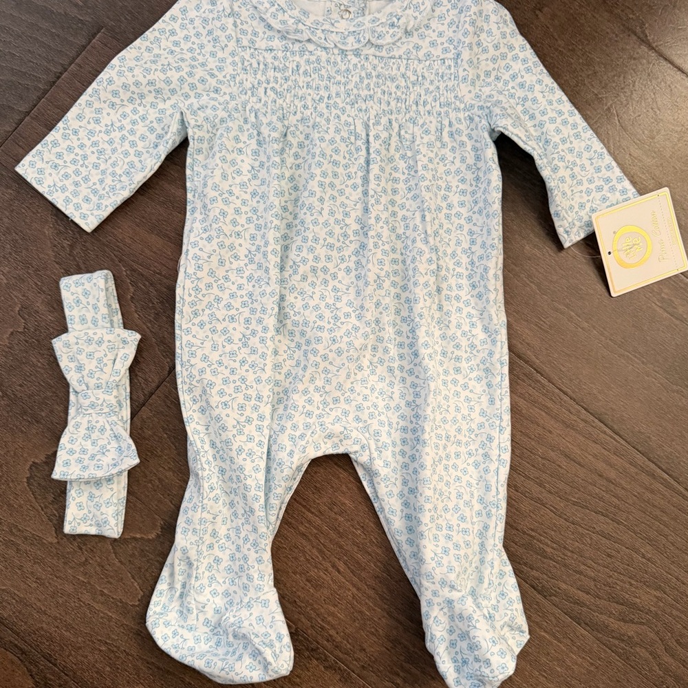 Little Me Blue and White Floral Footie